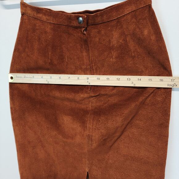 Vintage Pia Rucci Suede Skirt Size 4 23" Cognac Back Slit Knee Length Festival - Picture 8 of 11